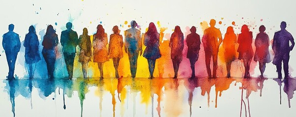 Colorful silhouettes of diverse individuals standing together, representing unity and collaboration in artful expression.