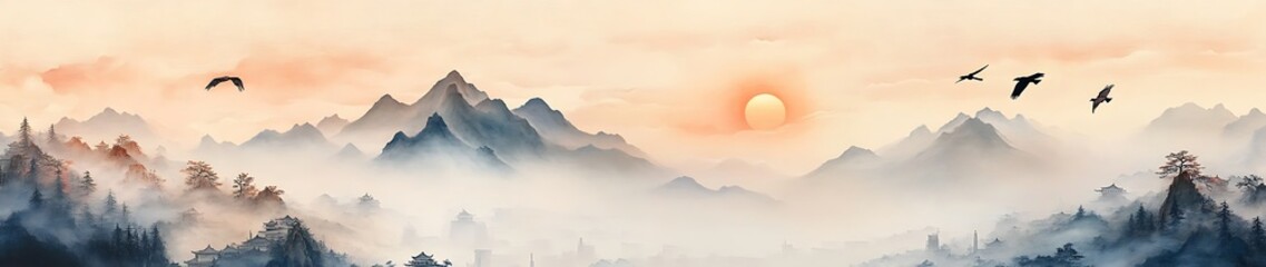 Fototapeta premium Misty mountain range with a sunset behind it, silhouettes of birds are flying in the sky.