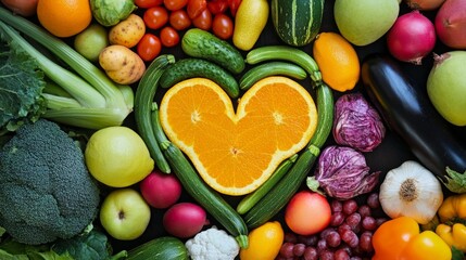 ruits and vegetables arranged into a heart shape, promoting health-conscious food choices and nutrition. -