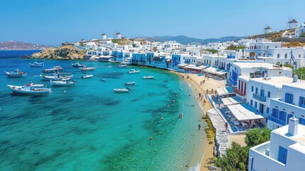 Aerial View of Mykonos, Greece: Traditional Cycladic Architecture, Whitewashed Houses, Turquoise Harbor, Iconic Windmills, Mediterranean Sea, Summer Vacation, Historic Orthodox Chapels, Scenic Island 