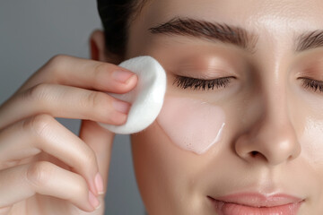 Young woman with perfect skin cleaning her face with cotton pad on grey background, closeup, cosmetics, make-up and healthcare products advertisement