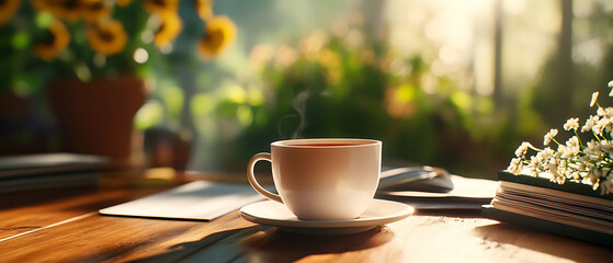 A steaming cup of coffee on a wooden table, surrounded by flowers and sunlight.
