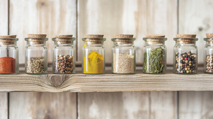 Various spices in glass jars on wooden shelf, kitchen interior, cooking ingredients, spice collection, food preparation concept