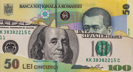 100 dollar banknote through torn 50 Romanian Lei banknote