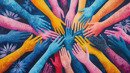 Colorful hands coming together create a vibrant display of unity and diversity, symbolizing community and collaboration.