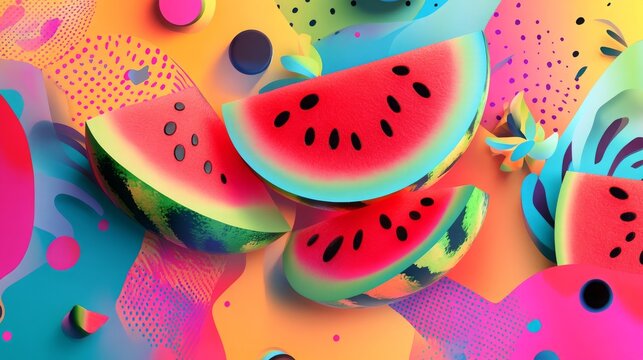 Happy National Watermelon Day poster with abstract designs, celebrating the event on August 3rd with vibrant watermelon themes. 