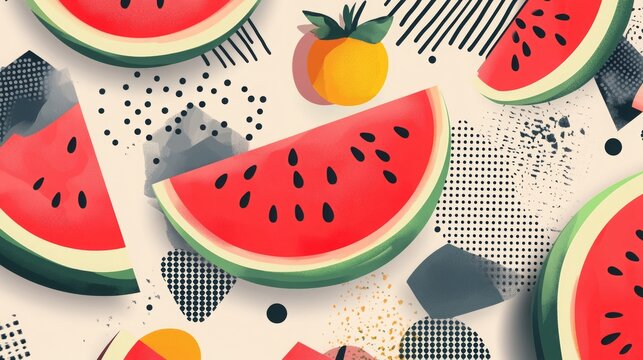 Happy National Watermelon Day poster with abstract designs, celebrating the event on August 3rd with vibrant watermelon themes. 