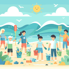 Cleaning Beach Flat Vector Illustration Design