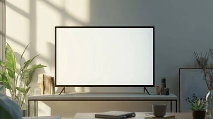 LED TV set on a table in a minimalist living room, featuring a blank screen, perfect for showcasing advertisements or content. 