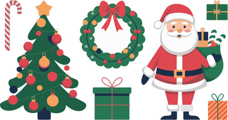 Traditional Christmas elements flat style, Santa Claus, candy cane, gift, wreath. Vibrant colors, for winter holiday web designs, printable material.