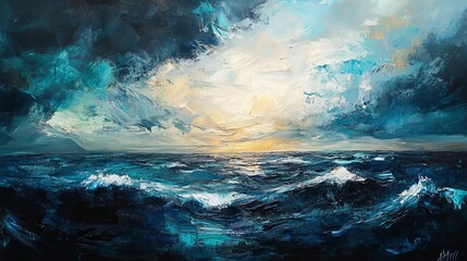 Naklejka premium Seascape fading to black with cool colors and bold palette knife strokes. -