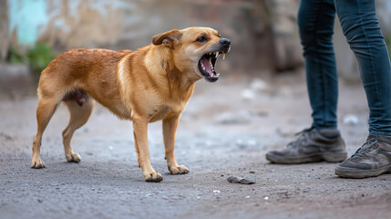 Aggressive dog barking angrily at a person on the street, showing teeth, stressful situation, animal behavior concept