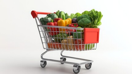 Shopping cart filled with groceries, representing a supermarket scene or online shopping concept. --