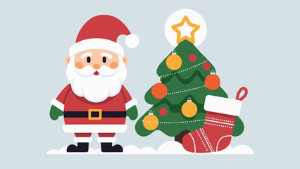Flat style illustration of Santa Claus, decorated tree, stocking. For holiday-themed websites, greeting cards, banners