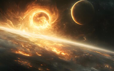 Obraz premium Dramatic cosmic landscape with fiery celestial bodies