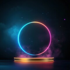 Fototapeta premium Futuristic Neon Circle with Golden Platform and Smoke.