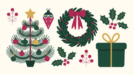 Set of holiday elements, wreath, tree, holly. For festive pattern design, textile, wrapping paper, classic holiday colors.