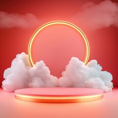 Pink Podium with Golden Circle and Clouds.