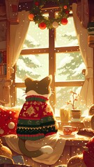 cat wearing a red and green Christmas sweater, phone wallpaper