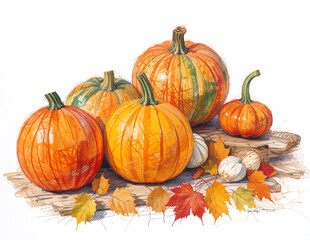 Watercolor illustration of various pumpkins and orange autumn leaves. Landscape with pumpkins and autumn leaves. Autumn harvest. Halloween themed illustration isolated on white background