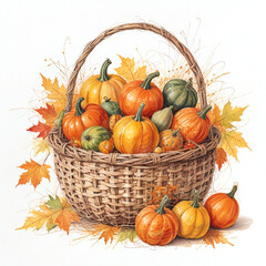 Watercolor illustration of various pumpkins and orange autumn leaves in basket. Autumn harvest. Halloween themed illustration isolated on white background for your design