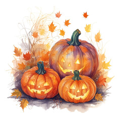 Watercolor illustration of various Halloween pumpkins and orange autumn leaves. Autumn harvest. Halloween themed illustration isolated on white background for your design