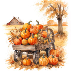 Landscape with pumpkins on wheelbarrow and autumn leaves and farmer house on background. Autumn harvest. Halloween themed watercolor illustration isolated on white background for your design