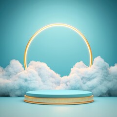 Minimalist Blue and Gold Product Display with Clouds and Ring Light