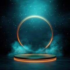 Glowing Neon Circle with Smoke and Stage.