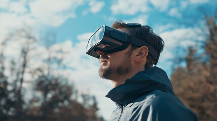Man wearing virtual reality headset outside, exploring augmented world in nature, enjoying immersive experience on a sunny day, outdoor VR concept