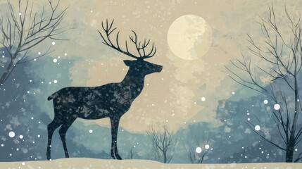 Silhouette of a deer with antlers in a misty winter forest with bare trees