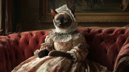 A cat in a vintage dress and bonnet sits poised on a luxurious red couch, surrounded by artwork and intricate decor, showcasing a blend of whimsical charm and historical elegance in a cozy room.