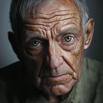Close-up portrait of an elderly man with a reflective expression and realistic details, a face marked by time and eyes full of life
