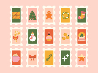 15 Christmas stamps. set of New Year postage stamps with cute hand-drawn icons