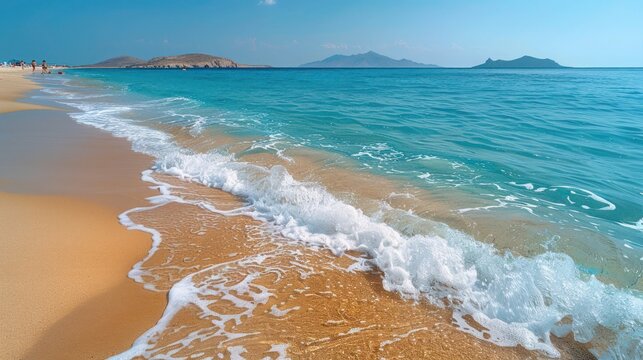 Summer Day at Santa Maria Beach, Paros, Greece: Golden Sandy Shores, Crystal-Clear Emerald Waters, Serene Aegean Sea, Relaxing Mediterranean Landscape, Perfect Greek Island Vacation