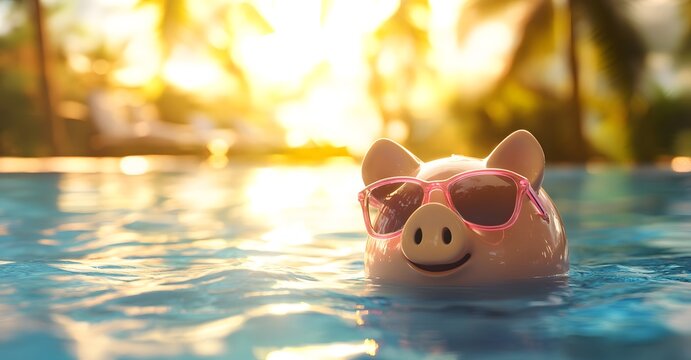 Smiling piggy bank relaxing in pool with sunglasses