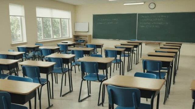 Empty classroom with chalkboard and rows of desks with chairs. break at school. 4k videos. classroom at school.