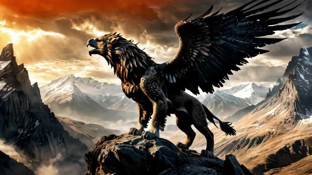 Digital 3D model of a Griffin, a mythological creature with a lion's body and an eagle's head and wings. It is positioned on a rock formation against a background of snow-capped mountains and dramatic