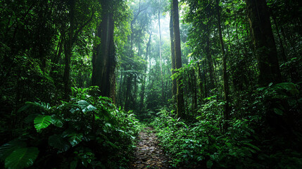 Fototapeta premium A dense jungle with towering trees and thick undergrowth. 