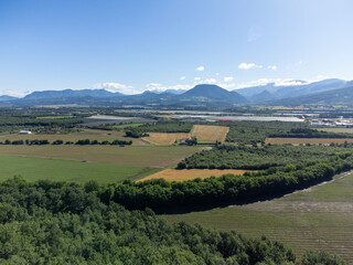 Agricultural region with lavender or lavandine plants, fruit orchards near Sisteron, Haute-Durance, Franse departement Alpes-de-Haute-Provence, in summer