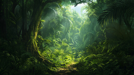 Naklejka premium A dense jungle with towering trees and thick undergrowth. 
