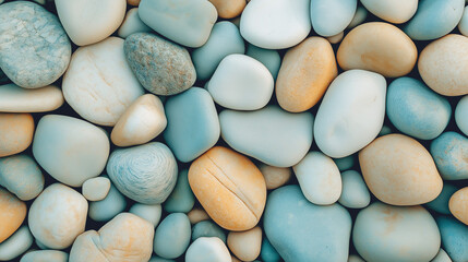 Smooth river stones in soft blue, grey, and beige tones, arranged closely together to create a natural and organic textured background, ideal for designs inspired by nature and wellness.