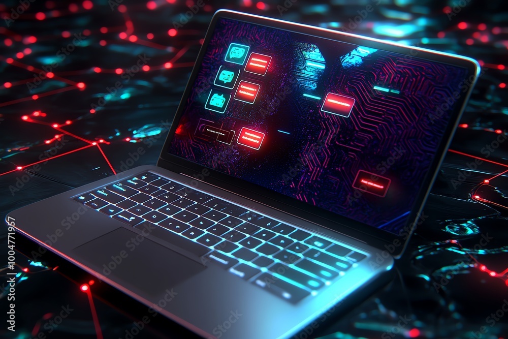 Aufkleber A laptop displaying an anonymous communication app, with encrypted messages and no user identities, symbolizing private online conversations
