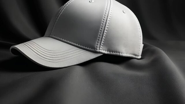 A white baseball cap lies on a black surface, with a subtle curve in the brim