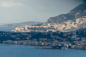 Early morning view on French Riviera, colorful Menton old city and marina on blue Mediterranean Sea near French-Italian border, Monaco, Monte-Carlo, travel destination, panoramic view