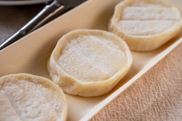 Rocamadour or cabecous soft goat AOC cheese with soft rind produced on farm in Perigord and Quercy on farmers market, departement Lot, France