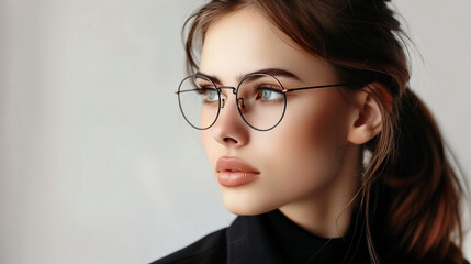 Fototapeta premium A close-up profile portrait of a woman wearing round glasses, looking confidently to the side..Modern fashion meets minimalism with clean lines and sophisticated eyewear, highlighting elegance.