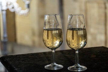 Sherry wine glasses with fino and old church on background at night in Jerez de la Frontera, wine glasses outdoor, cityview, Andalusia, Spain