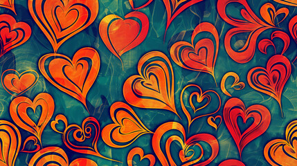 A vibrant array of abstract hearts in warm tones stands out against a teal background..This artwork showcases flowing, hand-drawn heart patterns symbolizing love and connection.