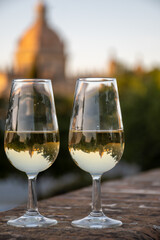 Sherry wine glasses and old bogedas jerez wine cellars on background in Jerez de la Frontera, wine glasses outdoor, cityview, Andalusia, Spain